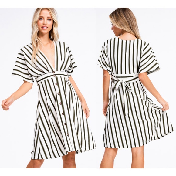 Olive Stripe Button Down Plunging VNeck Midi Dress - Picture 3 of 8